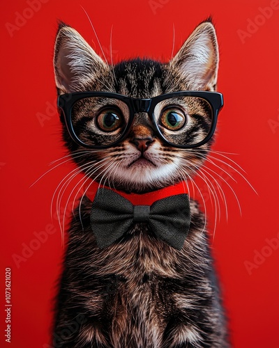 A stylish kitten dons oversized glasses and a classic bow tie against a vibrant red backdrop, showcasing an adorable blend of sophistication and cuteness.