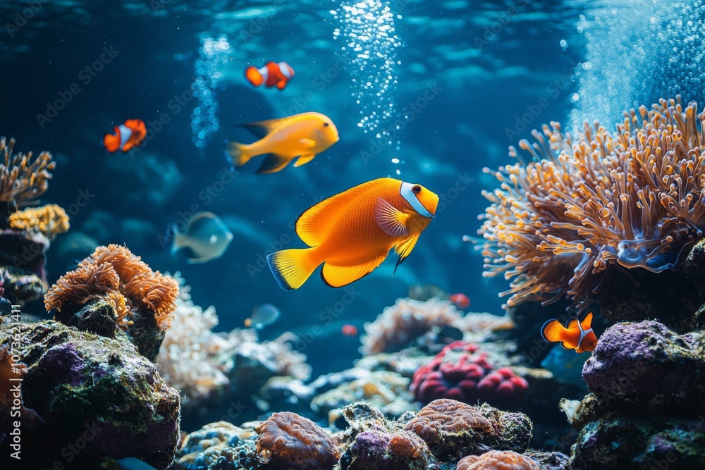 Obraz premium Colorful Clownfish and Coral Reef Underwater Scene