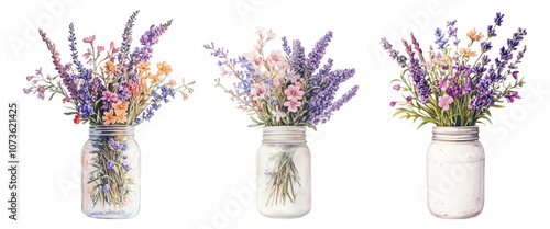 Watercolor bouquets of lavender with wildflowers in a jar. Rustic bouquet of half-timbered flowers in watercolor. Vector illustration.
