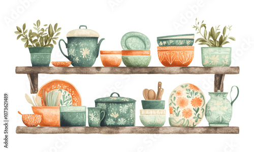 Watercolor vintage kitchen shelf with utensils png. Wooden shelves with kitchen utensils for cooking, pots, mugs, pans, cutlery and other. Cute watercolor kitchen elements.