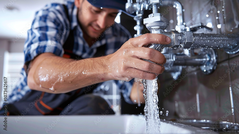A Plumber Fixing a Leaking Pipe in a Modern Kitchen While Water Flows Out, Creating a Splashing Effect and Demonstrating His Skilled Craftsmanship in a Residential Setting