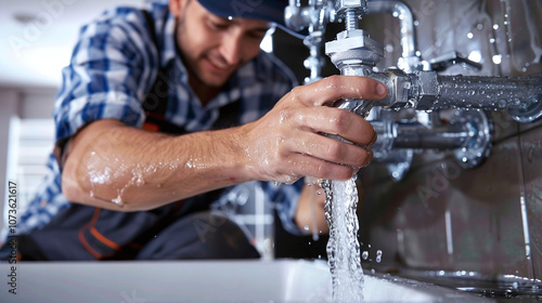 Obraz na płótnie A Plumber Fixing a Leaking Pipe in a Modern Kitchen While Water Flows Out, Creating a Splashing Effect and Demonstrating His Skilled Craftsmanship in a Residential Setting w salonie