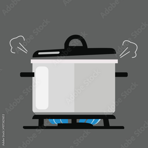 Saucepan with boiling water.Boiling water in steel pot. Cooking pan on stove with water and steam.