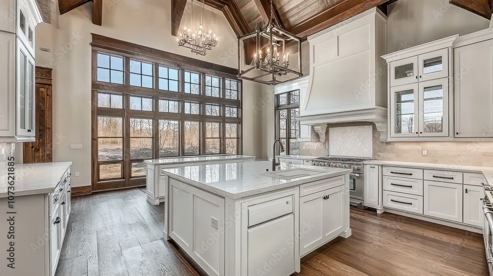 Open-concept kitchen with white cabinetry, large windows, and high-end finishes Open-concept kitchen with white cabinetry, large windows, and high-end finishes