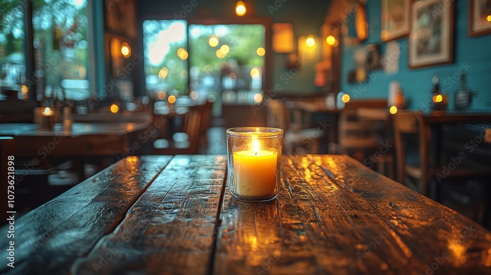 A cozy restaurant scene with a lit candle on a wooden table, creating a warm ambiance. A cozy restaurant scene with a lit candle on a wooden table, creating a warm ambiance.