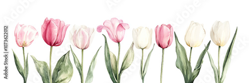 Watercolor tulips png. Pink and white tulips with green leaves in retro watercolor style. Spring elements, vector.