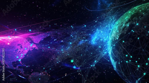 A digital representation of Earth connected by networks, emphasizing technology and communication.