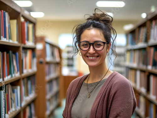Wallpaper Mural Smiling female librarian standing in library aisle, casual attire with bookshelves in background, cheerful academic setting Torontodigital.ca