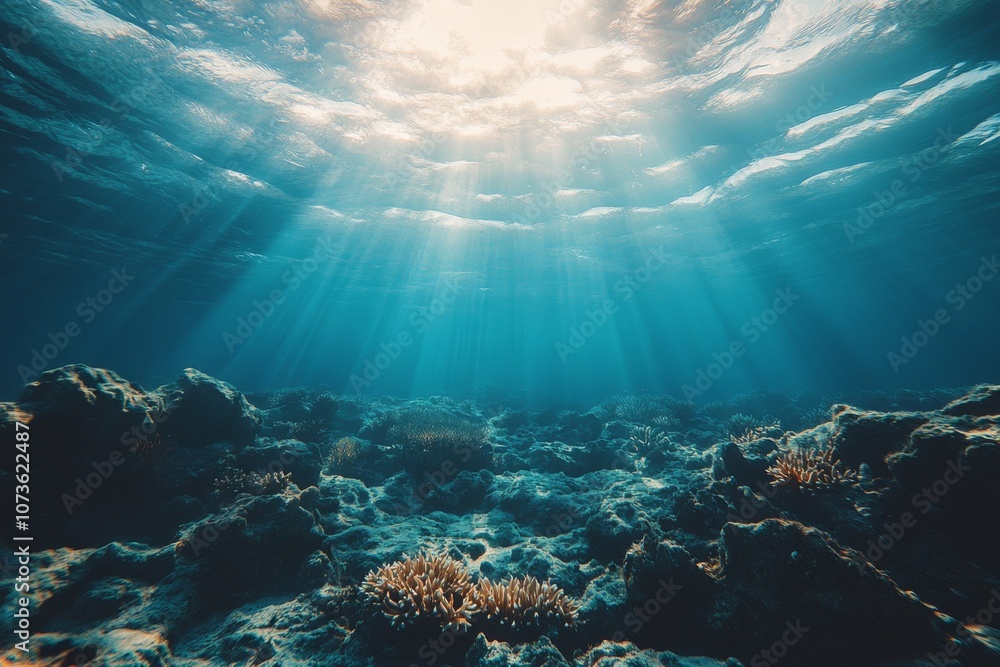 Naklejka premium Underwater Sunlight on Coral Reef Tropical Ocean Ocean Floor Sunlight Blue Water Cora