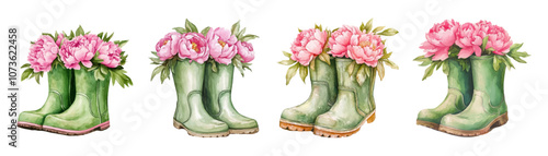 Watercolor set of green boots with pink peonies. Spring boots filled with watercolor pink peonies flowers. Hello spring. Watercolor spring elements.