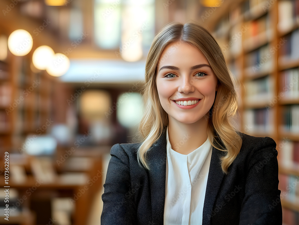 Smiling female lawyer in elegant law library, confident legal professional with bookshelves in background, law career portrait Smiling female lawyer in elegant law library, confident legal professional with bookshelves in background, law career portrait