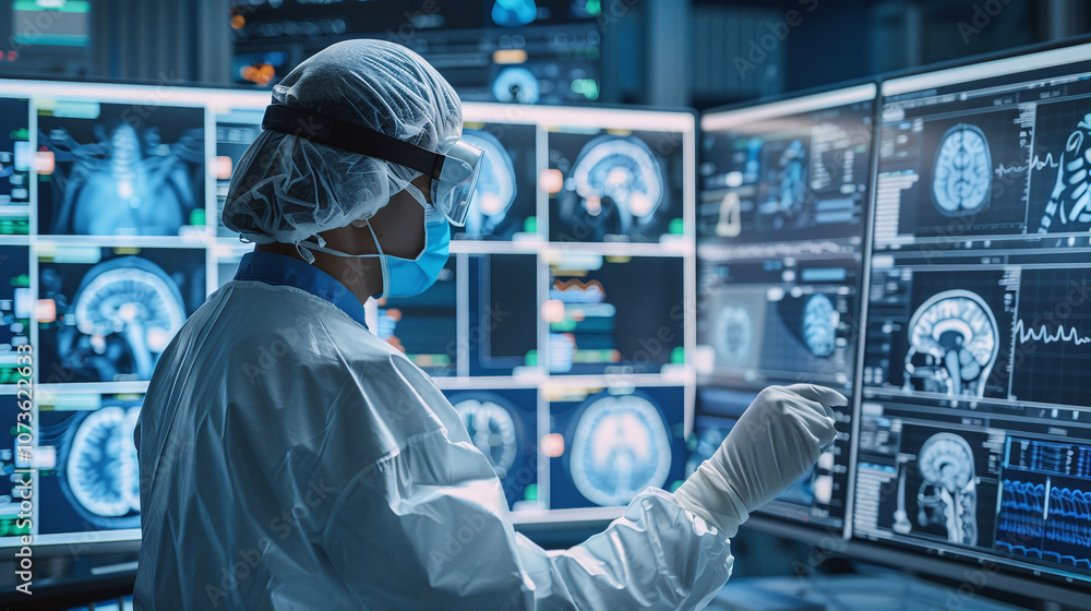 A Healthcare Professional Analyzes Medical Imaging Data in a High-Tech Laboratory, Focusing on Brain Scans, During a Diagnostic Session in a Busy Hospital Setting A Healthcare Professional Analyzes Medical Imaging Data in a High-Tech Laboratory, Focusing on Brain Scans, During a Diagnostic Session in a Busy Hospital Setting