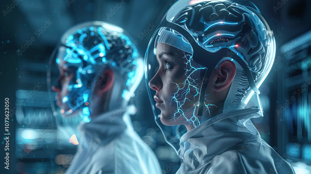 Futuristic Humans With Glowing Neural Interfaces Interacting in a High-Tech Laboratory Setting at Night Futuristic Humans With Glowing Neural Interfaces Interacting in a High-Tech Laboratory Setting at Night