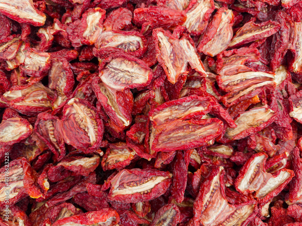 Heap of sundried tomatoes, top view close-up Heap of sundried tomatoes, top view close-up