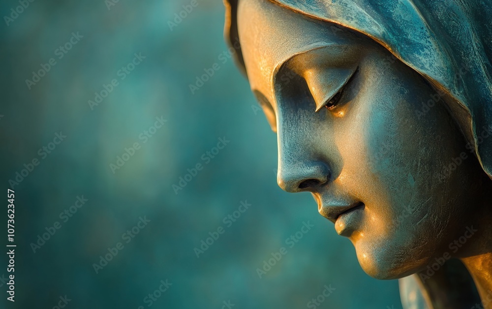 Close-up of a bronze statue of the Virgin Mary in prayer, her face softly illuminated against a simple, abstract background. Close-up of a bronze statue of the Virgin Mary in prayer, her face softly illuminated against a simple, abstract background.