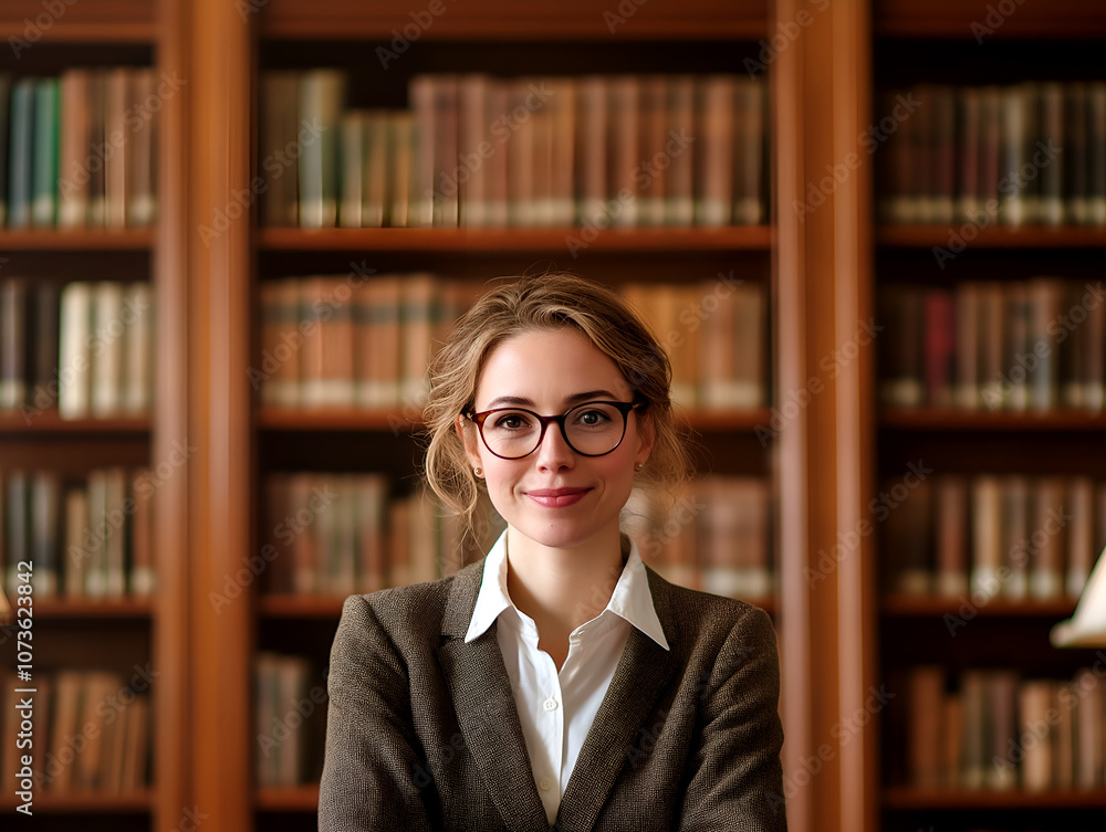 Female librarian standing confidently among bookshelves in library, wearing glasses and blazer, academic professional portrait Female librarian standing confidently among bookshelves in library, wearing glasses and blazer, academic professional portrait