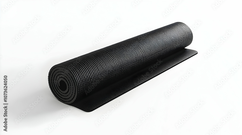 Rolled black yoga mat with textured surface on white background. Rolled black yoga mat with textured surface on white background.