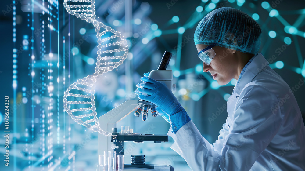 A Scientist Examines DNA Strands Through a Microscope in a Modern Laboratory Setting, Exploring Genetic Research in the Field of Biotechnology During Evening Hours