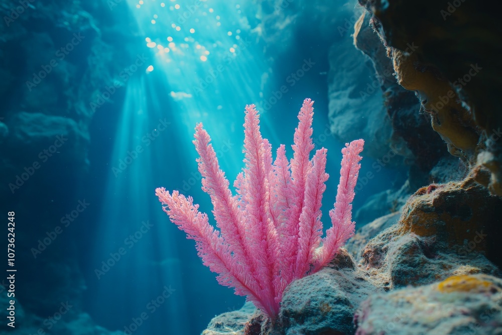 Fototapeta premium Underwater Coral Reef with Pink Sea Fan and Sunlight Rays