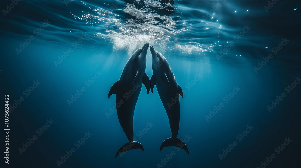 Fototapeta premium Two dolphins playing each other under sea water.