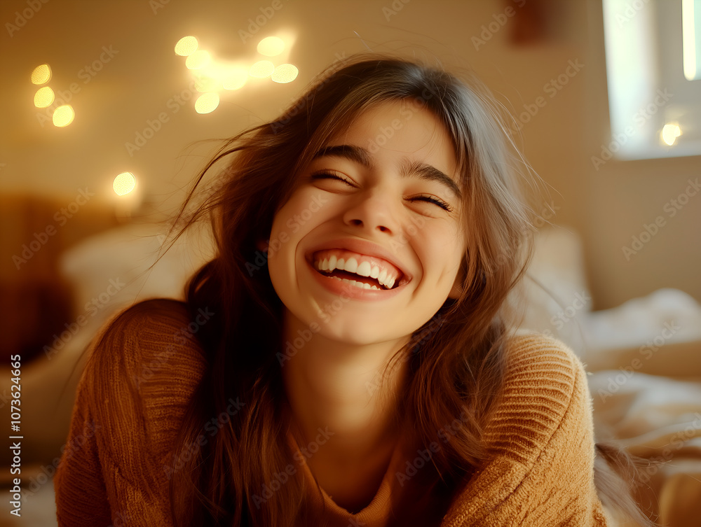 Smiling young woman, joyful expression with cozy room and warm fairy lights in background Smiling young woman, joyful expression with cozy room and warm fairy lights in background