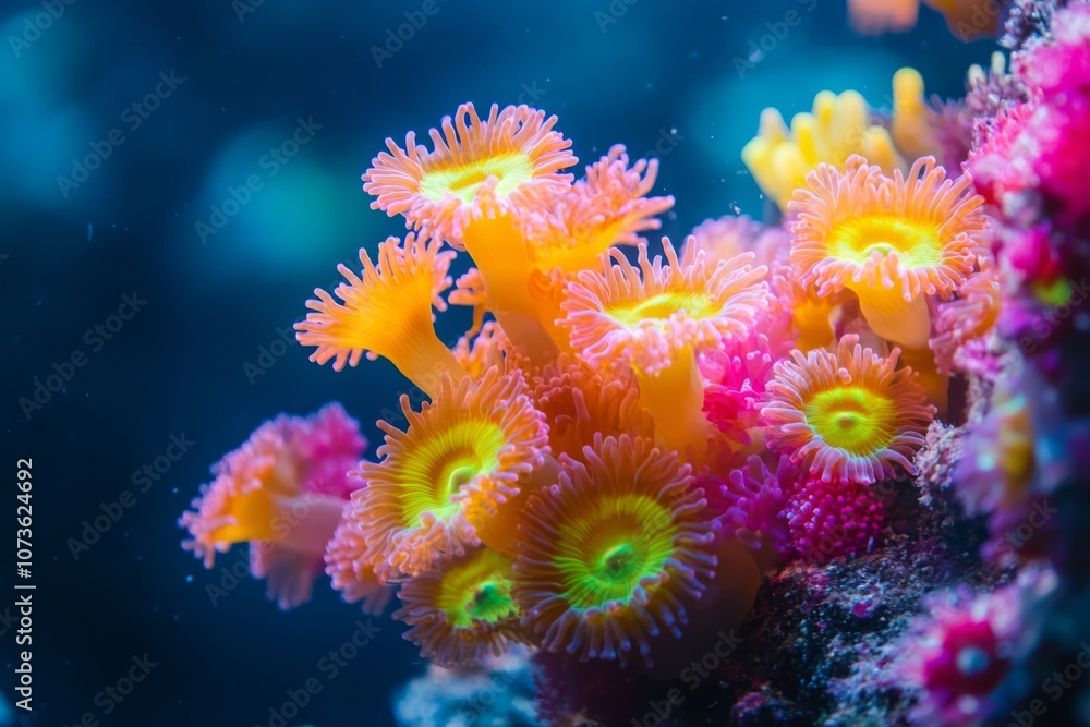Fototapeta premium Vibrant Yellow and Pink Coral Reefs in Blue Water