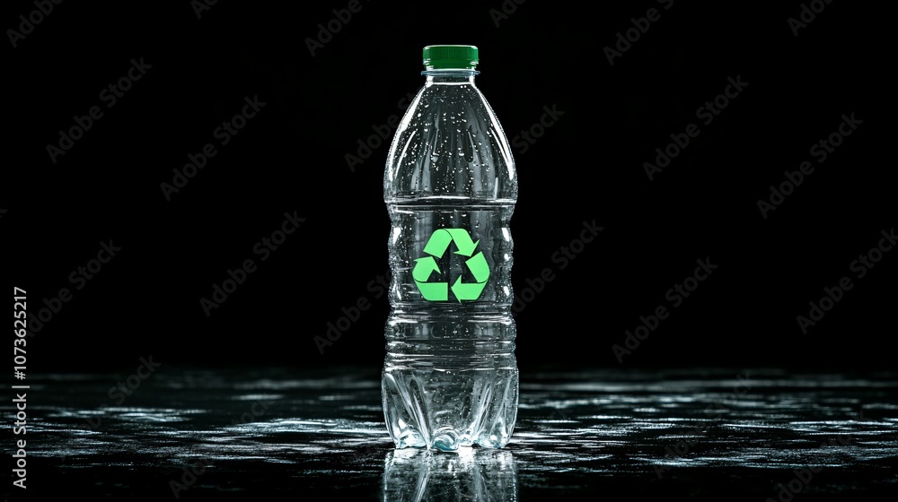 A single clear plastic bottle with a green recycling symbol prominently displayed, representing PET packaging ready for recycling as part of environmental waste management efforts. A single clear plastic bottle with a green recycling symbol prominently displayed, representing PET packaging ready for recycling as part of environmental waste management efforts.