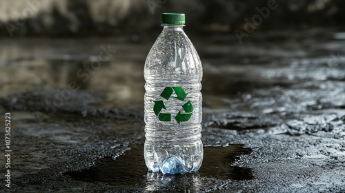 A single clear plastic bottle with a green recycling symbol prominently displayed, representing PET packaging ready for recycling as part of environmental waste management efforts. photo