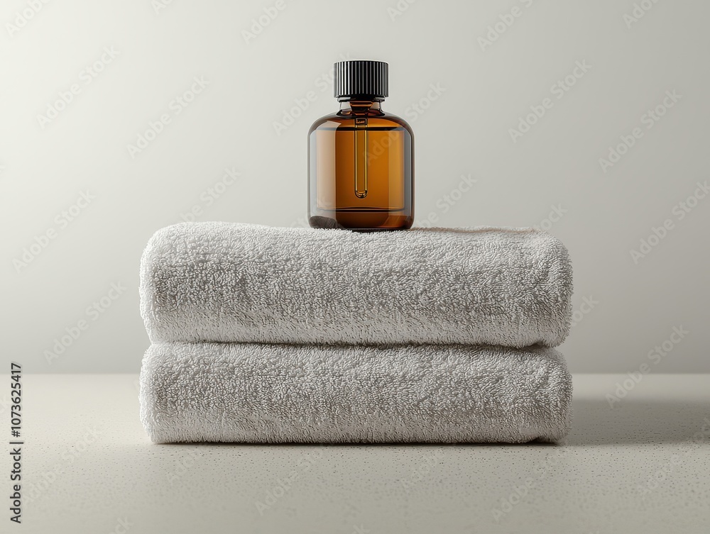 A serene arrangement of two soft towels stacked with a glass bottle, evoking a spa-like ambiance and relaxation. A serene arrangement of two soft towels stacked with a glass bottle, evoking a spa-like ambiance and relaxation.