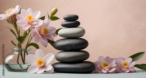 Spa concept with zen basalt stones with flowers