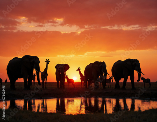 elephants in the sunset photo