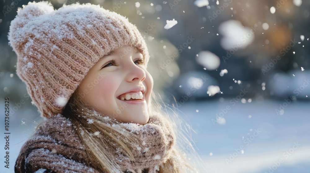 Girl smiling and looking up at snowflakes in winter Girl smiling and looking up at snowflakes in winter