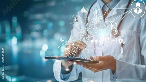 Obraz na płótnie Healthcare Professional Analyzing Data on a Tablet While Standing in a Modern Hospital Environment Using Advanced Digital Technology for Patient Care Improvement w salonie