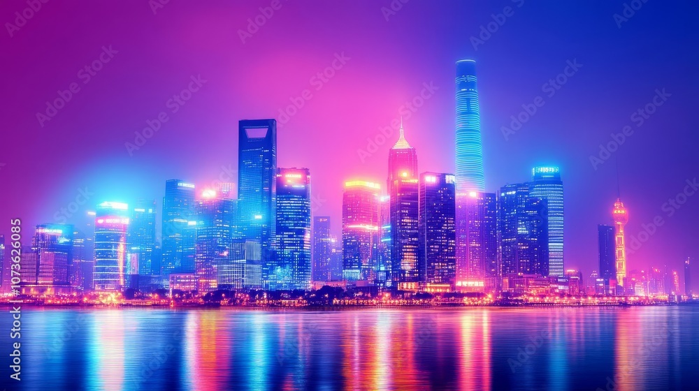 Fototapeta premium Abstract cityscape at night, illuminated by vibrant artificial lights, cyberpunk vibe