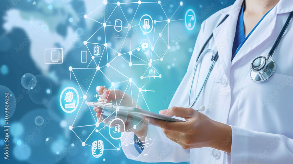 A Healthcare Professional Engages With a Digital Tablet Displaying Interconnected Health Information in a Modern Medical Environment