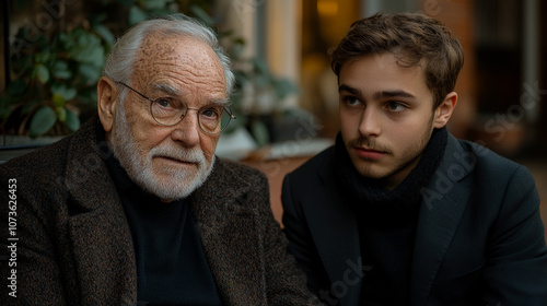 Two generations share insights and memories in a warm café as autumn leaves fall outside, highlighting their close bond and shared experiences