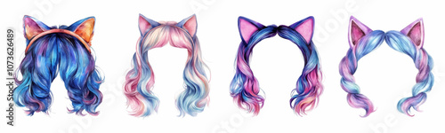 Set of women's wigs with colorful hair and a hoop in the form of cat ears. Colorful wig decorated with cat ears. Cat woman. Vector illustration.