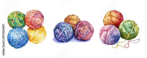 Set of balls of knitting thread watercolor png. Watercolor balls of cotton knitting thread on transparent background. Vector illustration.