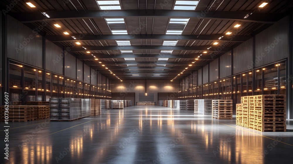 This image depicts a modern and spacious warehouse interior with an efficient and organized storage layout The warehouse features a clean and minimalist design This image depicts a modern and spacious warehouse interior with an efficient and organized storage layout The warehouse features a clean and minimalist design