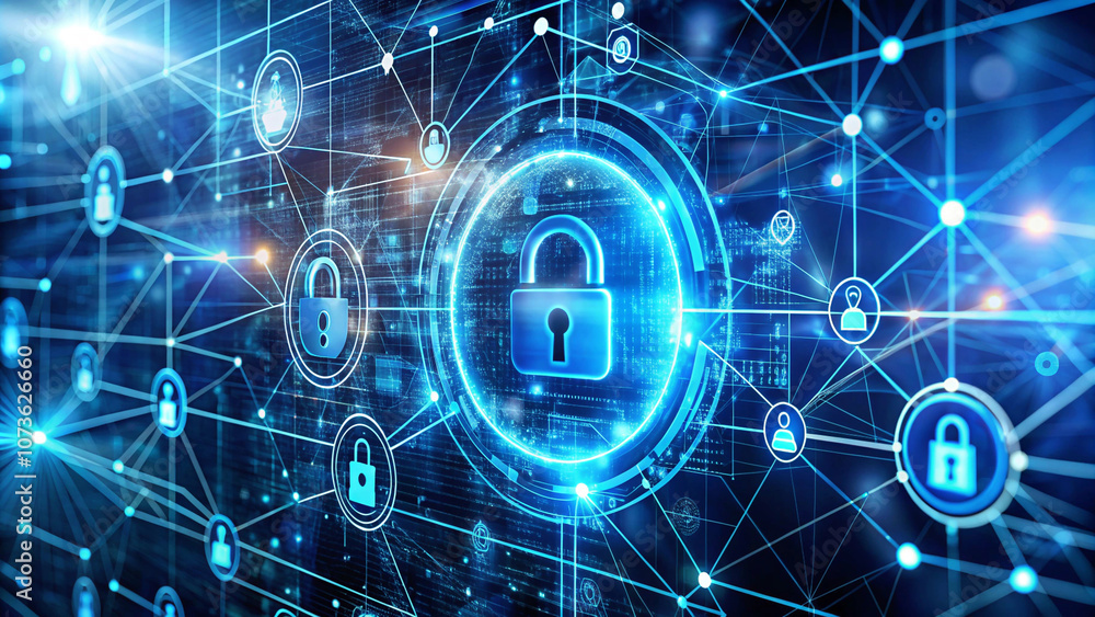 Futuristic interface displaying secure network with advanced tech protocols Futuristic interface displaying secure network with advanced tech protocols