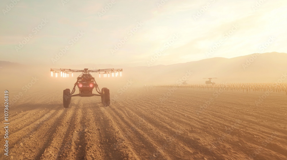 Fototapeta premium Futuristic Desert Agriculture: Solar-Powered Irrigation Systems Amid Arid Lands