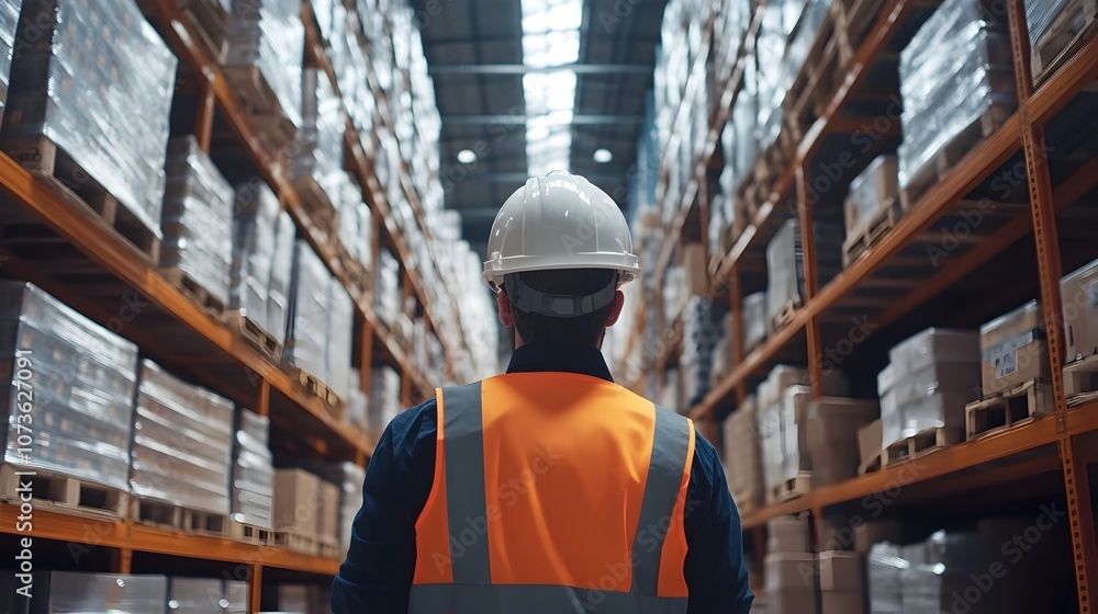 Warehouse Worker Wearing Safety Vest and Helmet Checking and Inspecting Inventory Stored on Warehouse Shelves for Efficient Supply Chain and Logistics Management Warehouse Worker Wearing Safety Vest and Helmet Checking and Inspecting Inventory Stored on Warehouse Shelves for Efficient Supply Chain and Logistics Management