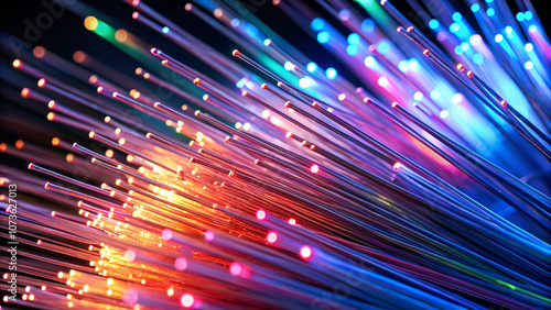 Close-up of vibrant illuminated fiber optic cables on dark background photo