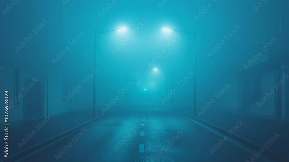 Artificial light piercing through fog in an empty street, eerie and mysterious atmosphere, urban night scene Artificial light piercing through fog in an empty street, eerie and mysterious atmosphere, urban night scene