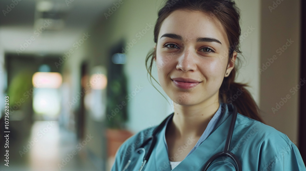 A Young Healthcare Professional Smiling in a Hospital Corridor During a Quiet Afternoon Shift, Showcasing Dedication and Compassion Towards Patient Care A Young Healthcare Professional Smiling in a Hospital Corridor During a Quiet Afternoon Shift, Showcasing Dedication and Compassion Towards Patient Care