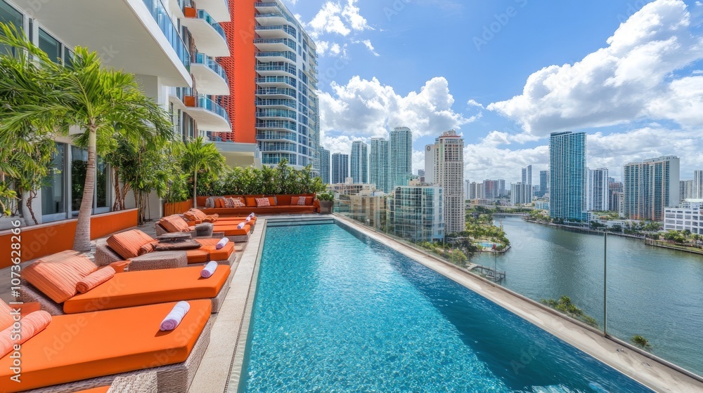 Obraz premium Rooftop pool with lounge chairs overlooking city skyline.