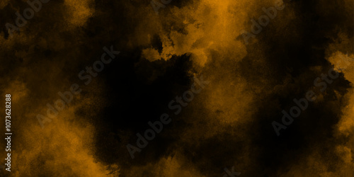 abstract Empty Dark Stage with Brown Mist Fog, beautiful blurred bokeh background with copy space, Orange color powder explosion isolated on black background. 