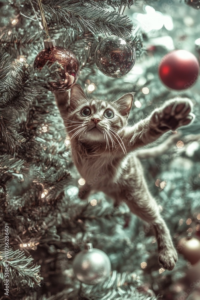 Obraz premium A cute curious cat with playing with Christmas ornaments. The cat's eyes reflect the twinkling lights, whimsical holiday atmosphere.