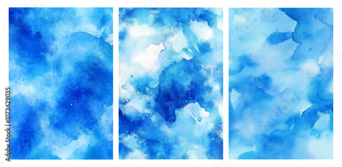 Set of blue watercolor backgrounds. Blue watercolor patterns. Template for designs. Vector illustration.