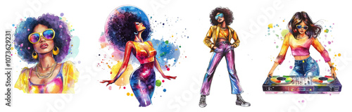Watercolor set of disco girls png. Retro disco girls, DJ. Watercolor disco party concept. Elements for disco posters, invitations, etc. Vector illustration.